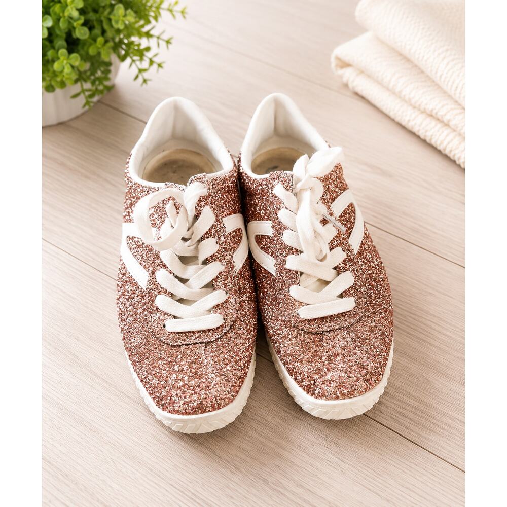 Tretorn Pink Glitter Sneakers Size 9 Maximalist Low Tops Lace Up Metallic Shoes - Picture 2 of 2